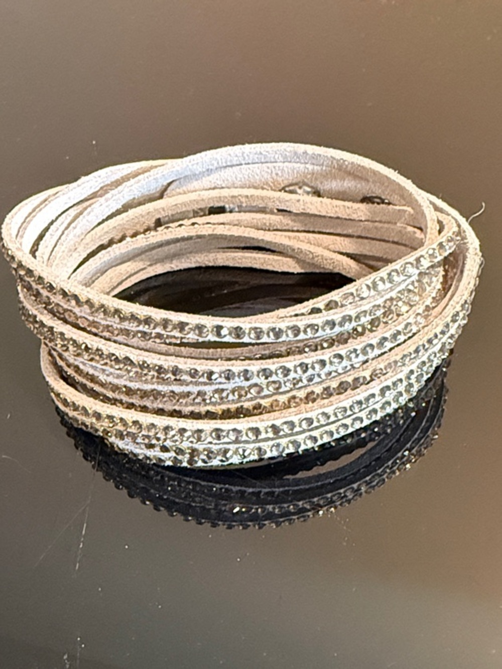 Crystal-Embellished Wrap Bracelet in Light Gray